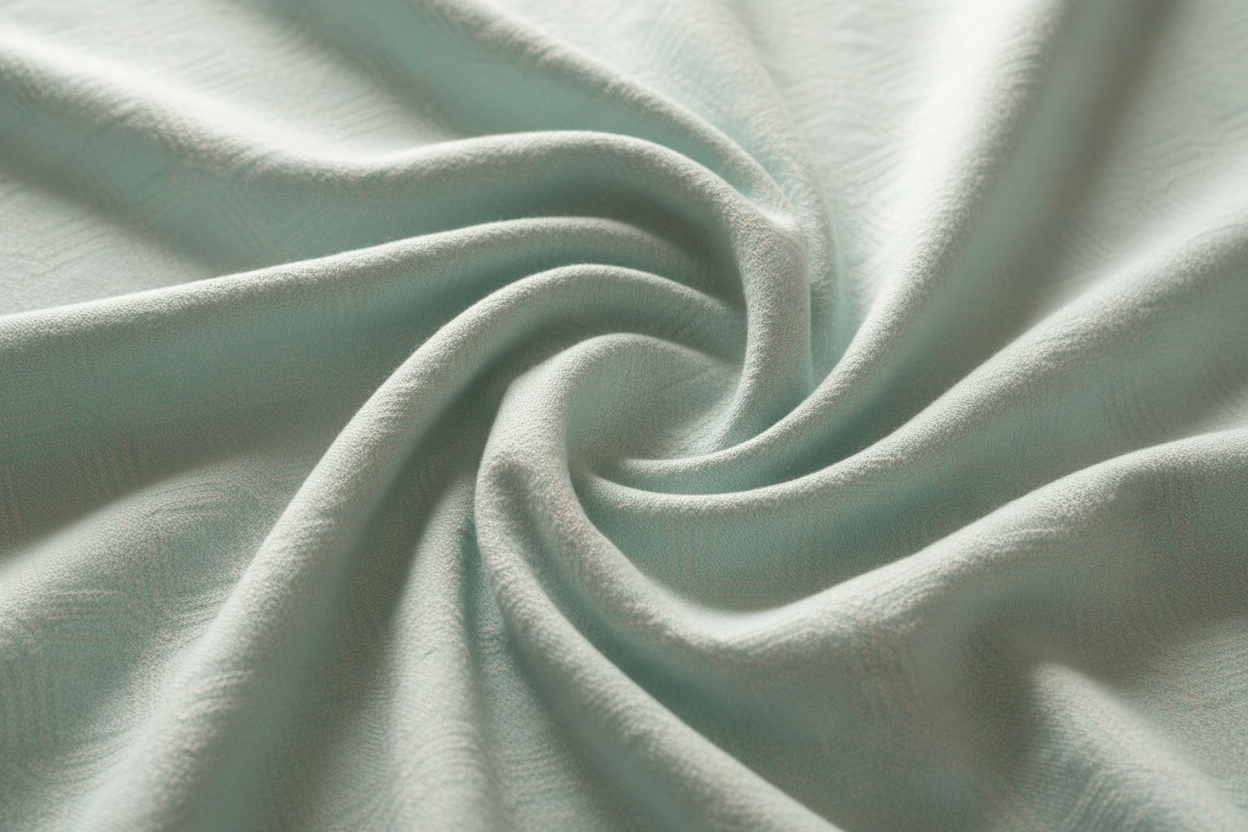 Stoffnahaufnahme auf einer oberfläche liegend, stoff schlägt falten. oberfläche nicht sichtbar, stoff füllt ganzes bild. Stoff ist sehr helles, wamres, staubiges mint. Leichtes Muster erkennbar (nicht zu dominant)