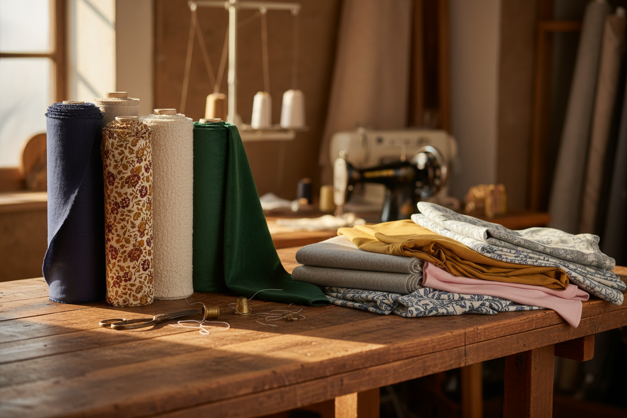 Stoffrollen oder gefaltete Stoffe auf einem Holztisch

Warmes Licht, handwerkliche Atmosphäre